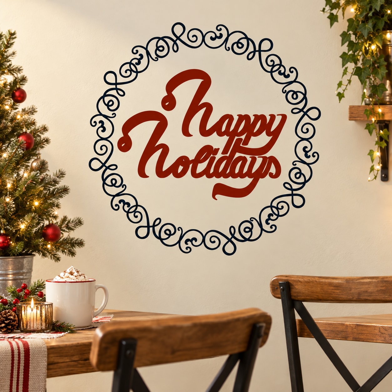 Happy Holidays ribbons printed decal with ornate black circle frame and red lettering