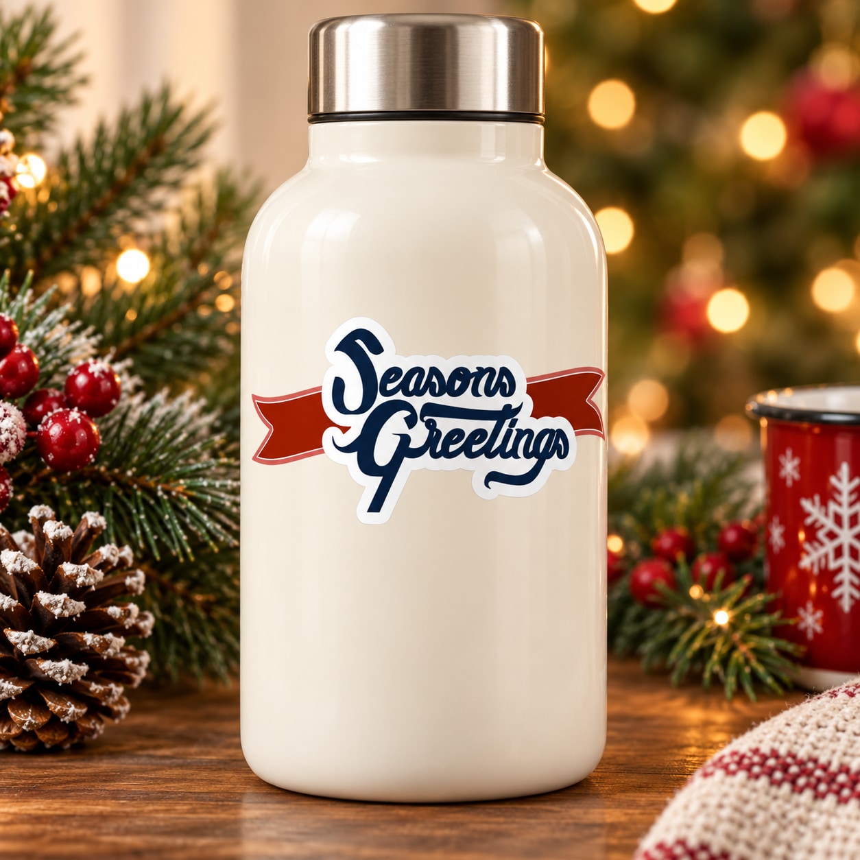 Seasons Greetings banner sticker with blue script and red ribbon on a white surface