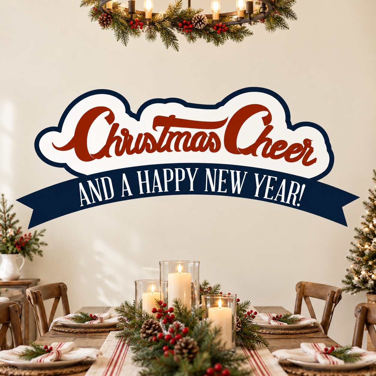 Christmas and Happy New Year sticker with ribbon banner and festive red blue lettering