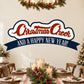 Christmas and Happy New Year sticker with ribbon banner and festive red blue lettering