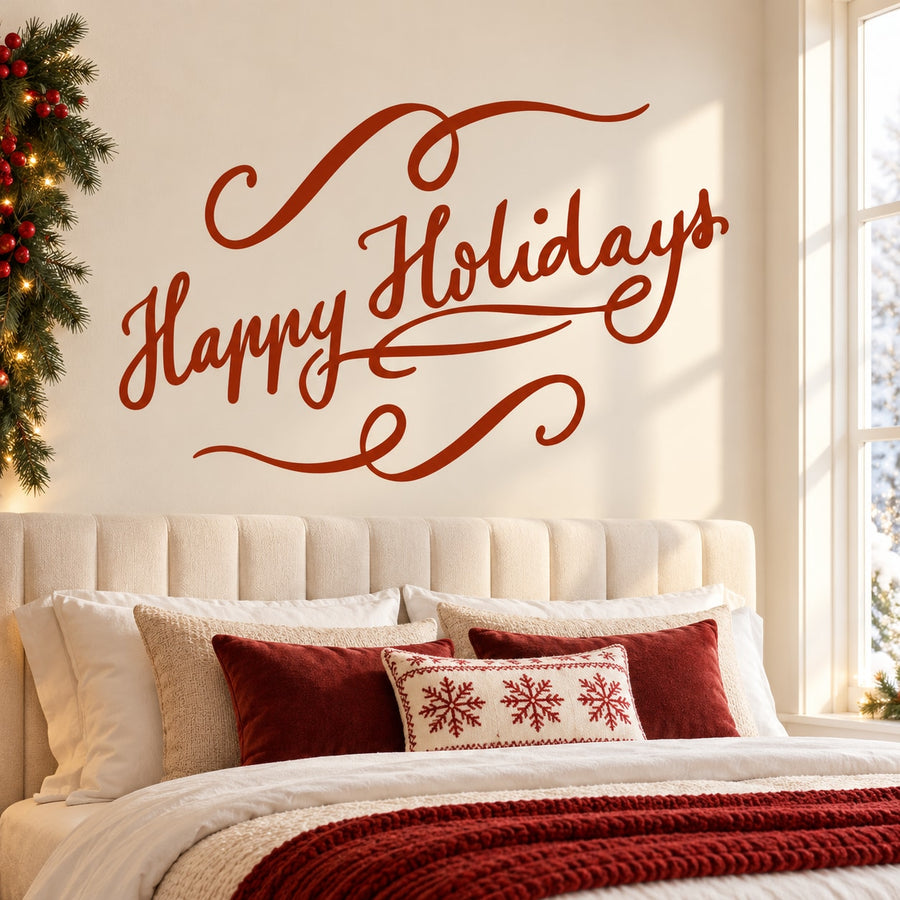 Happy Holidays wall decal in red ornate script with looping flourishes.