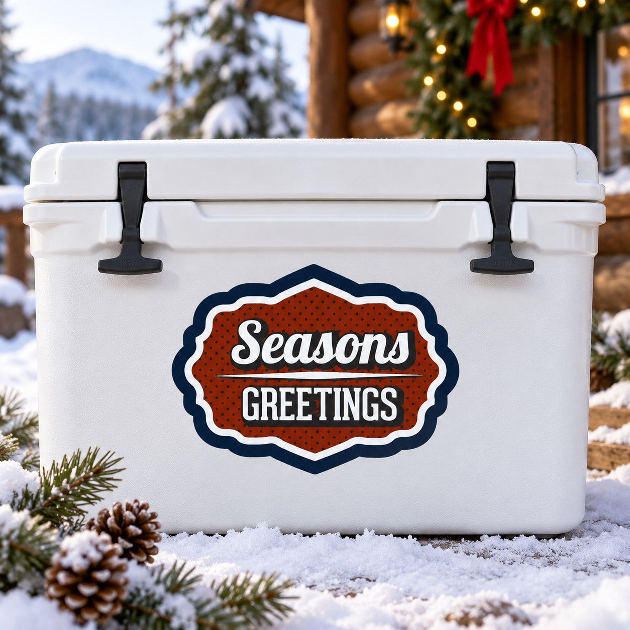 Seasons Greetings sticker label on a white cooler, orange and navy badge design