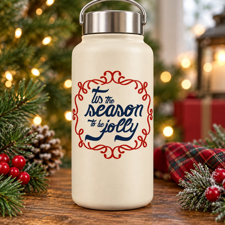 Holiday drink bottle with red “Tis the Season” printed decal