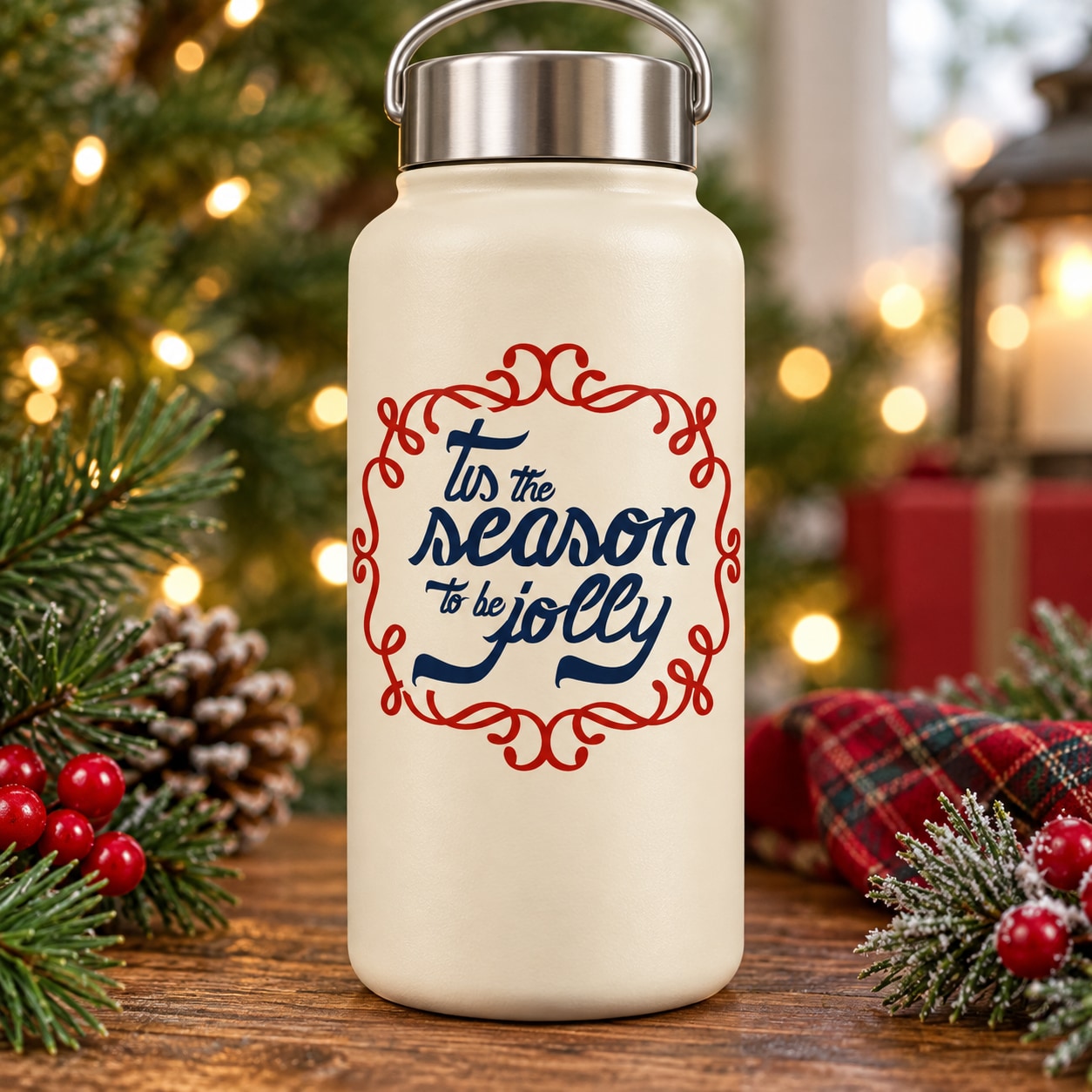 Holiday drink bottle with red “Tis the Season” printed decal