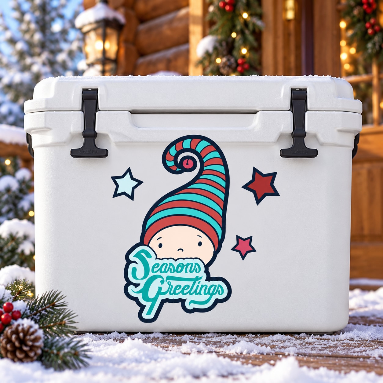 Holiday elf sticker with striped hat, stars, and "Seasons Greetings" text