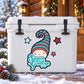 Holiday elf sticker with striped hat, stars, and "Seasons Greetings" text