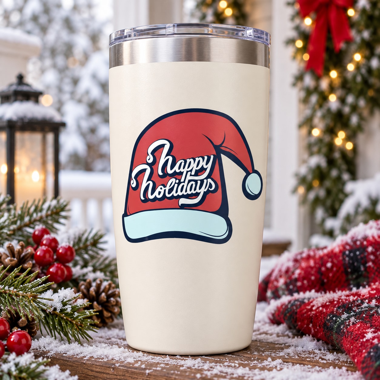 Happy Holidays Santa hat sticker-style decal on a white cup