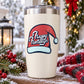 Happy Holidays Santa hat sticker-style decal on a white cup