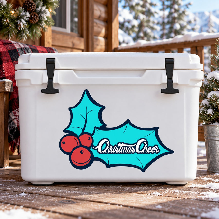 White cooler with Christmas cheer holly berries sticker