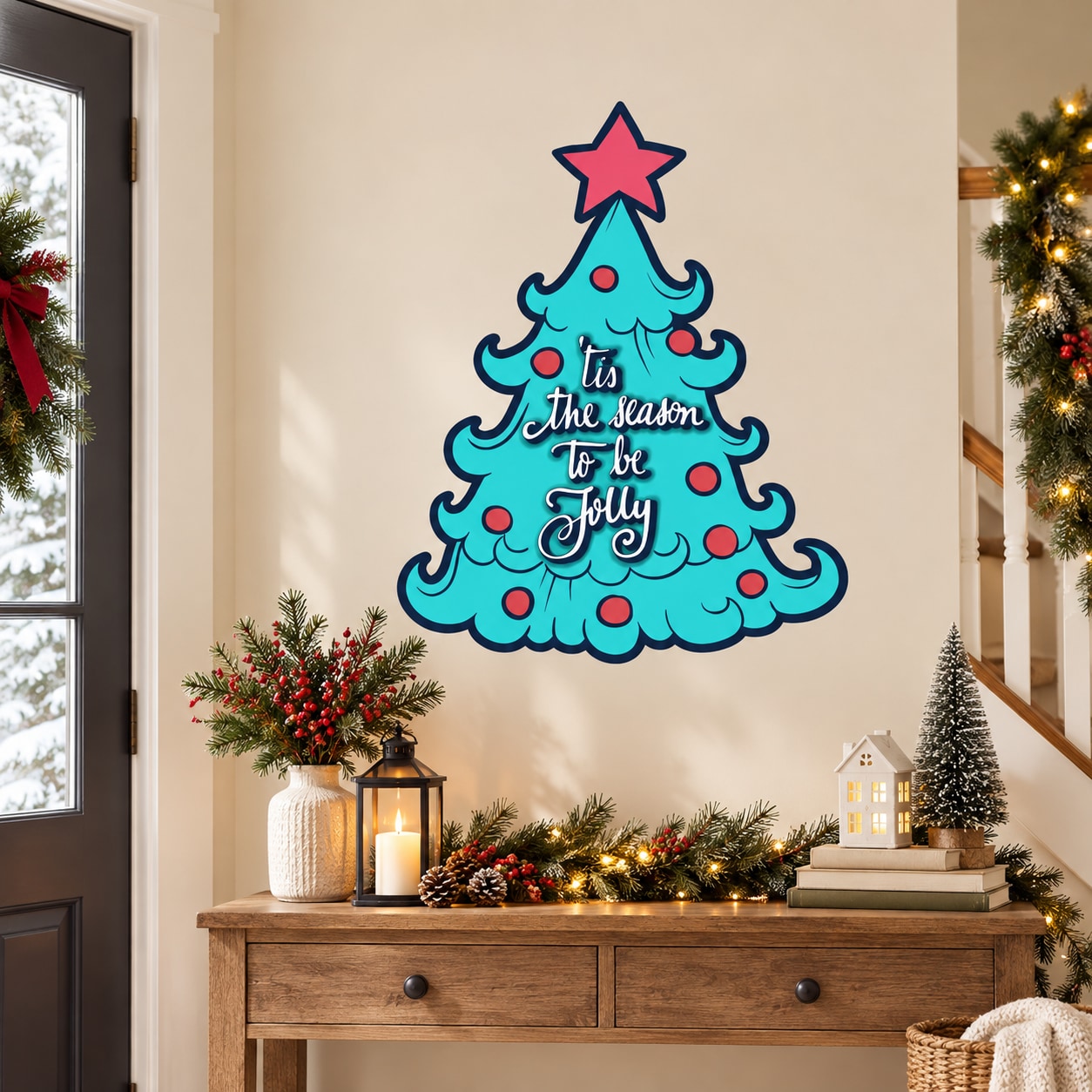 Blue Christmas tree wall sticker with star and "Tis the season to be jolly" text