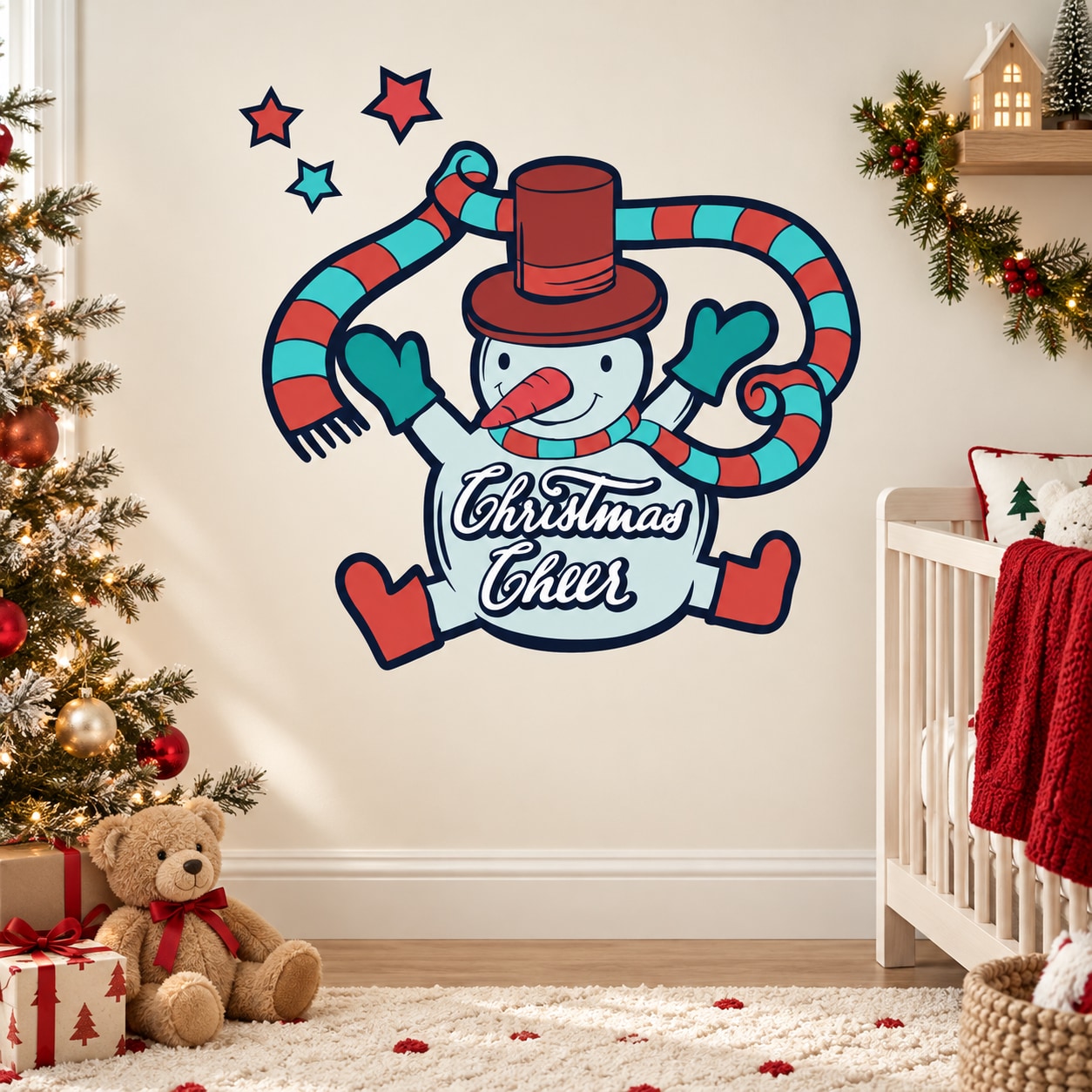 Snowman Christmas Cheer printed wall decal with hat, striped scarf, and red shoes
