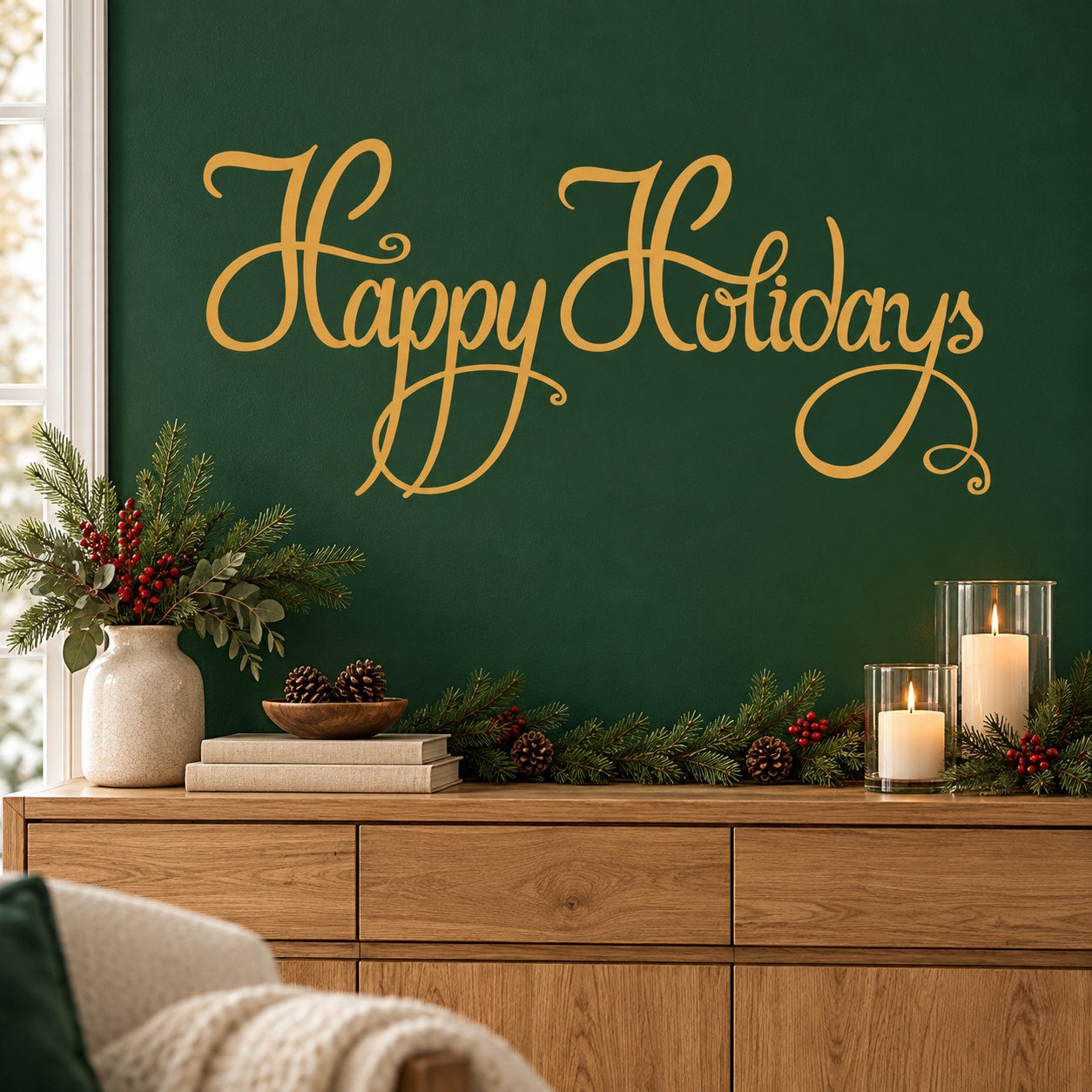 Happy Holidays quote wall decal in gold cursive lettering on dark green background