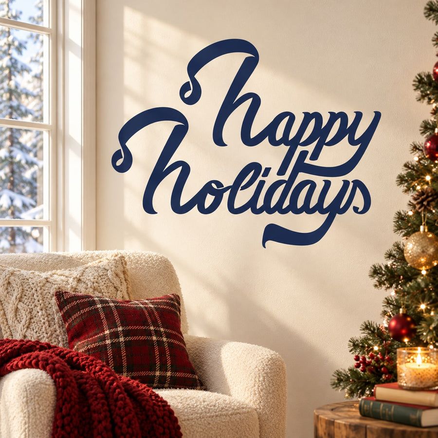 Blue cursive Happy Holidays wall decal with ribbon banner script