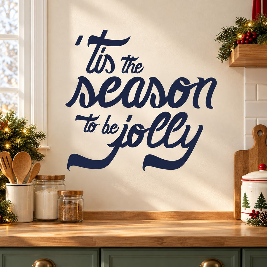 Holiday quote decal: navy 'Tis the season to be jolly' script