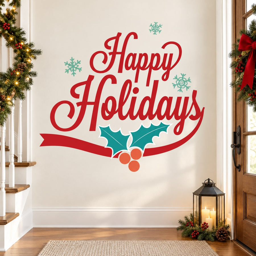 Happy Holidays wall decal with red cursive text, holly leaves, and snowflakes