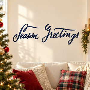 Season's Greetings script wall decal, dark blue cursive on light background