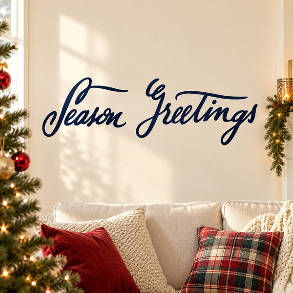 Season's Greetings script wall decal, dark blue cursive on light background