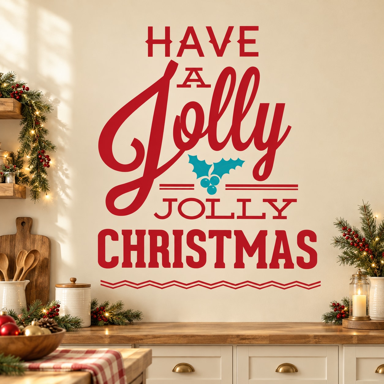 Red 'Have a Jolly Christmas' quote wall decal with blue ornament accents