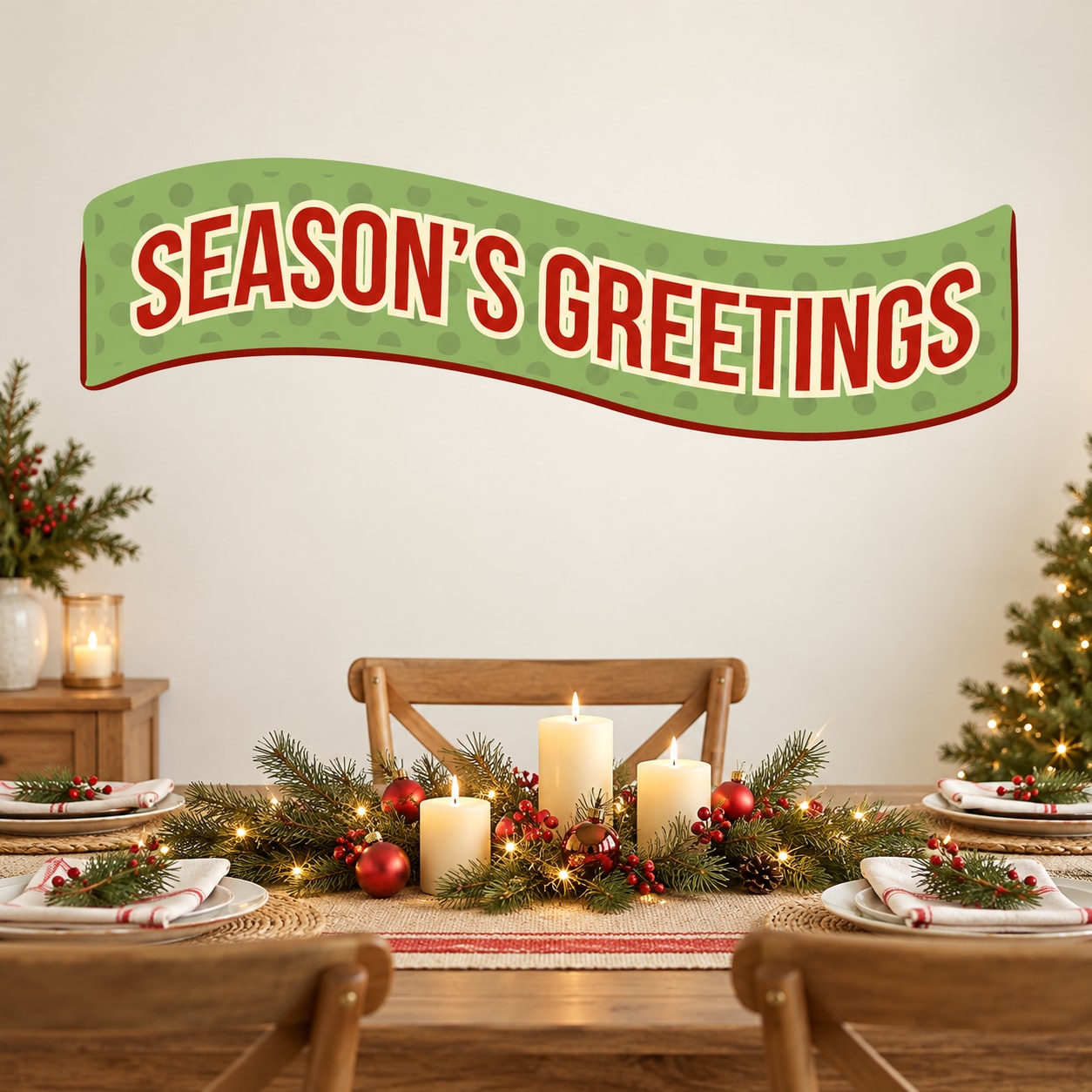 Season's Greetings banner sticker, green curved banner with red border and white text