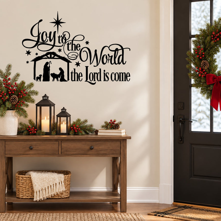 Joy to the World manger wall decal with nativity scene and lanterns, black lettering