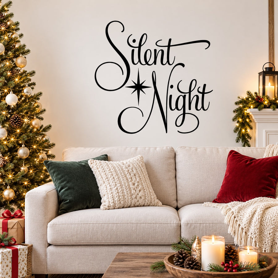 Black cursive wall decal: Silent Night with star