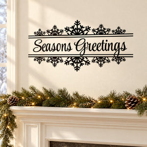 Snowflake banner decal with black script 'Seasons Greetings'