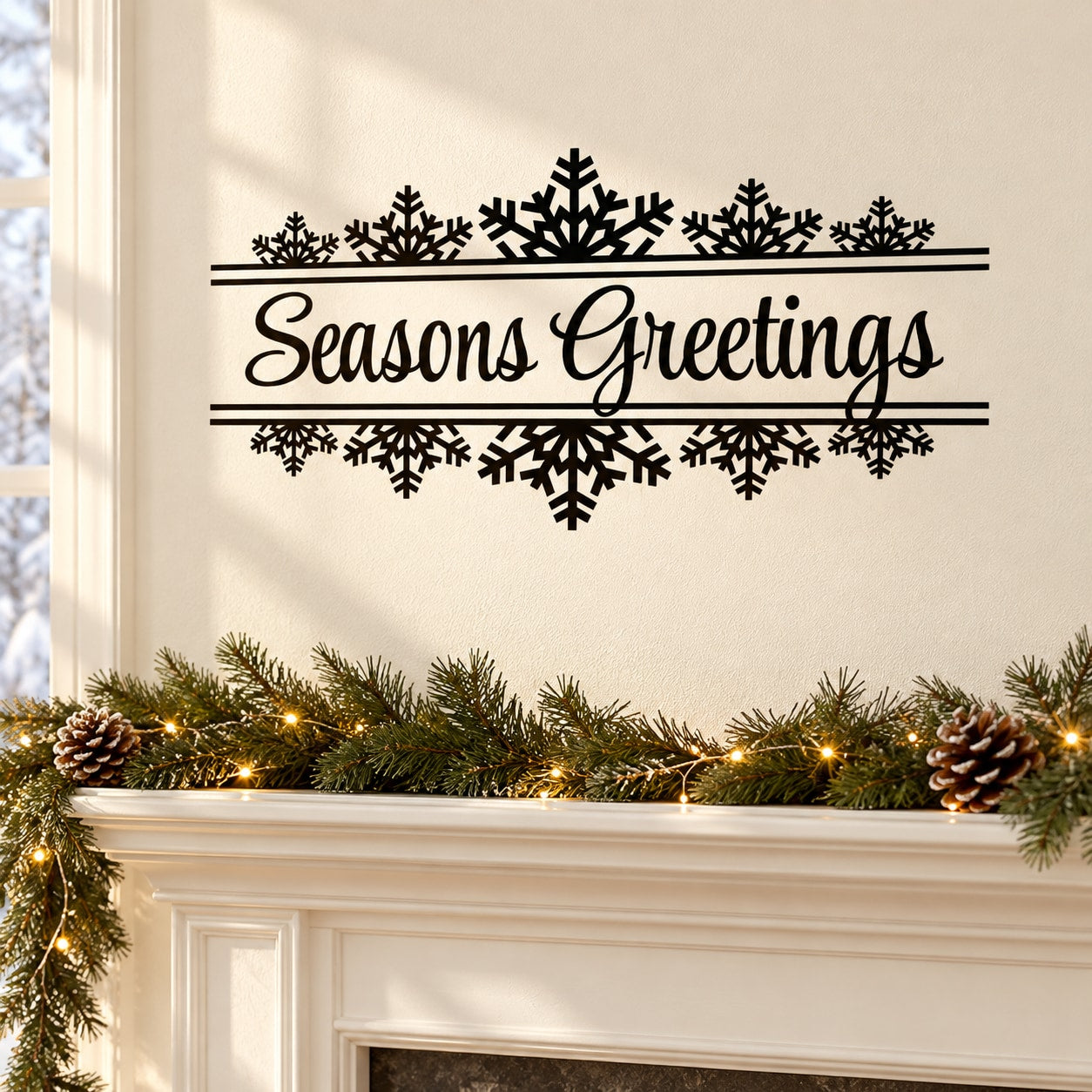 Snowflake banner decal with black script 'Seasons Greetings'