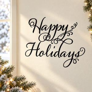 Happy Holidays quote decal in black curled script lettering