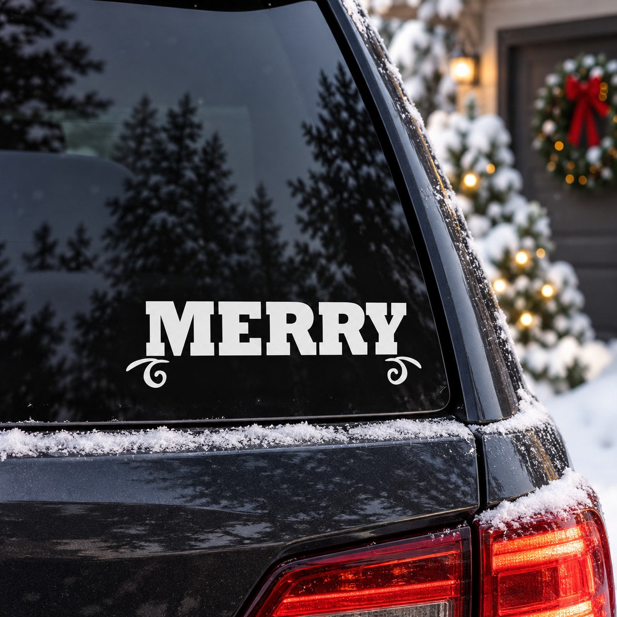 Holiday car window decal with white 'MERRY' lettering