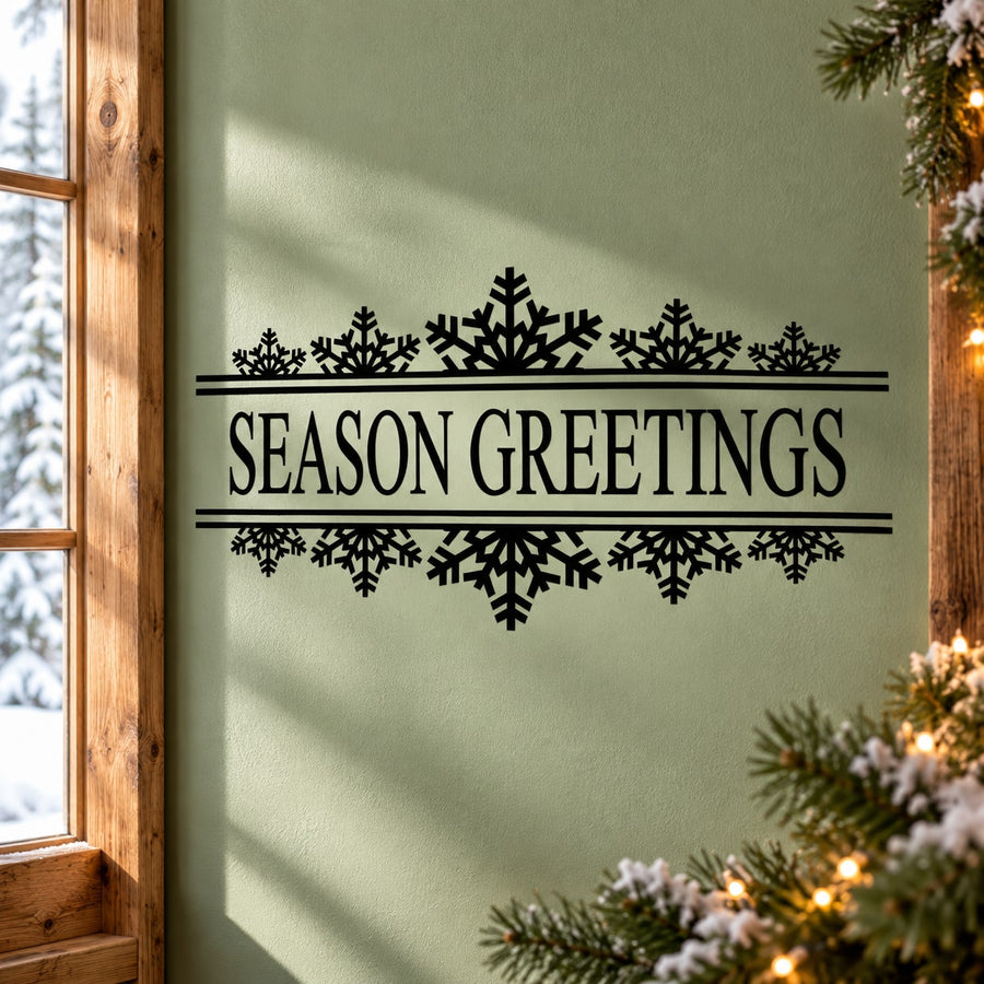 Holiday banner decal reading “Season Greetings” with black snowflake accents