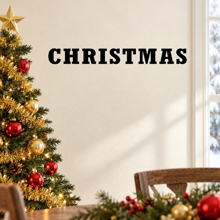 Christmas wall decal with bold black “CHRISTMAS” lettering