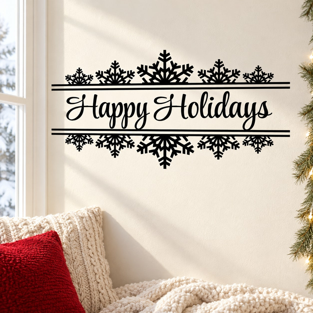 Holiday banner decal with black Happy Holidays script and snowflakes