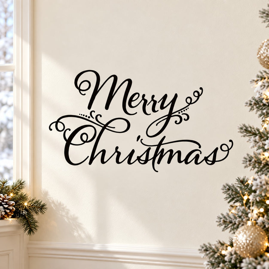 Black cursive Merry Christmas wall decal with looping flourishes