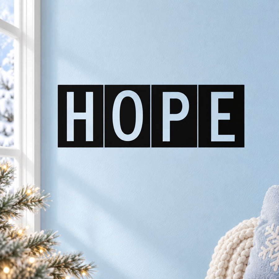 Hope tiles decal with black and white squares spelling HOPE