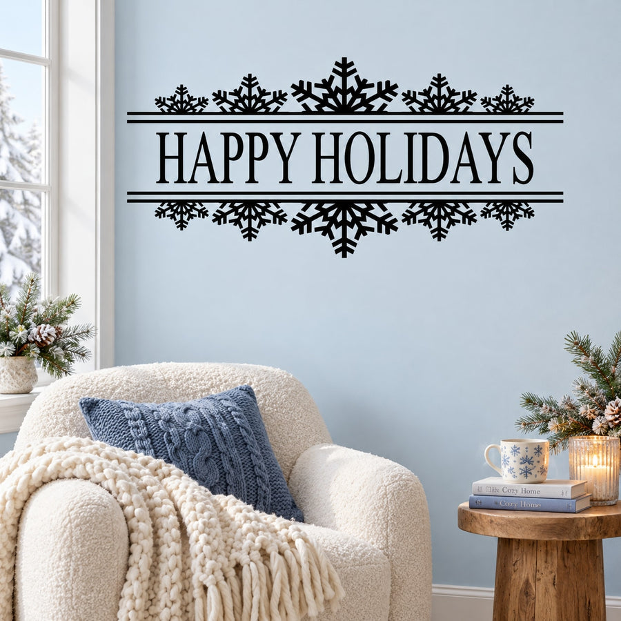 Holiday snowflake banner decal with “Happy Holidays” text and black snowflakes