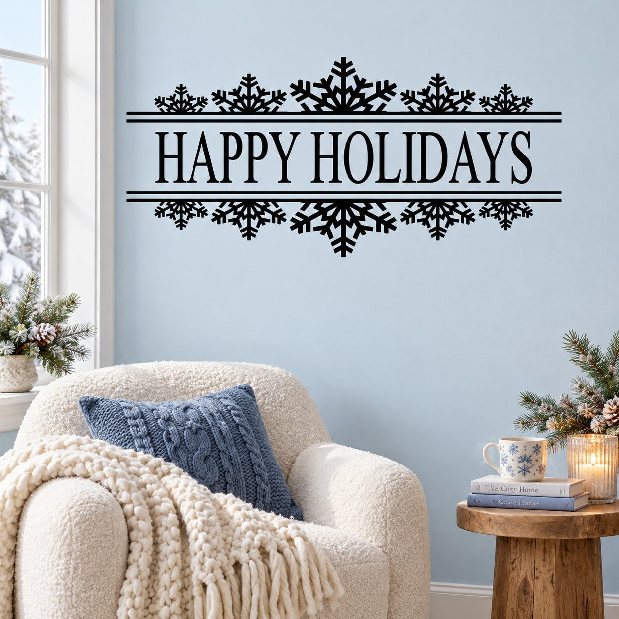 Holiday snowflake banner decal with “Happy Holidays” text and black snowflakes