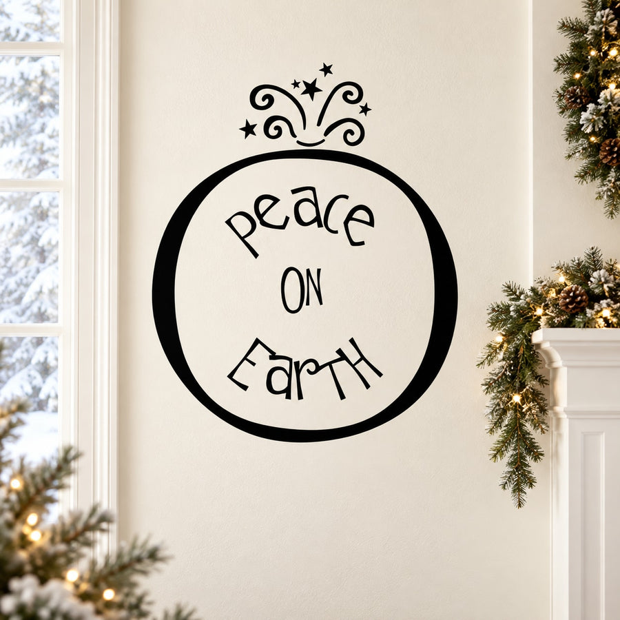 Circular Peace On Earth wall decal with black outline, peace on earth lettering, stars and swirls