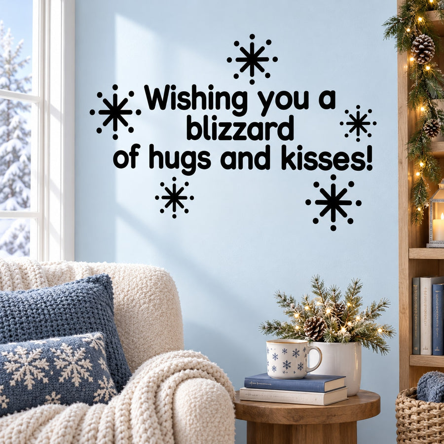 Winter hug and kiss phrase vinyl wall decal with snowflake icons