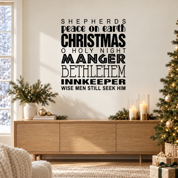 Nativity typography decal: black text for Christmas, Bethlehem, and Wise Men