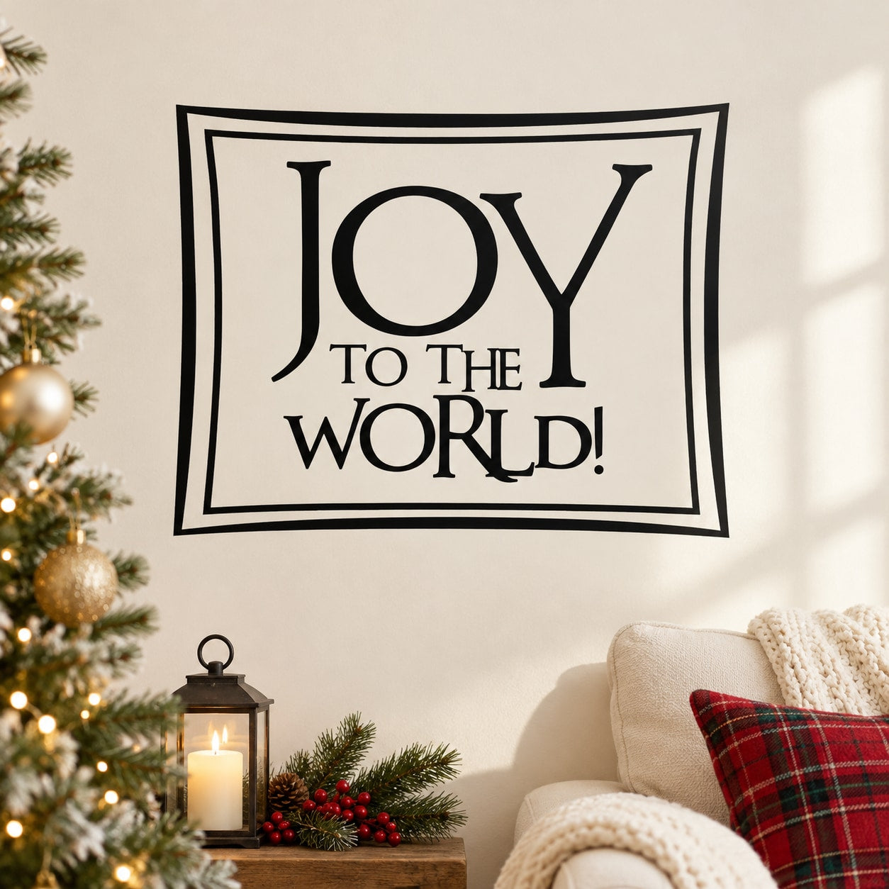 Joy to the World boxed quote decal, black lettering on white rectangular frame