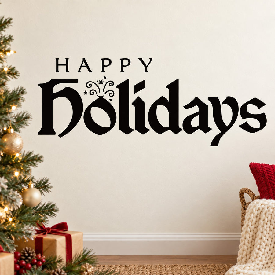 Happy Holidays block quote wall decal, black lettering with ornate flourishes