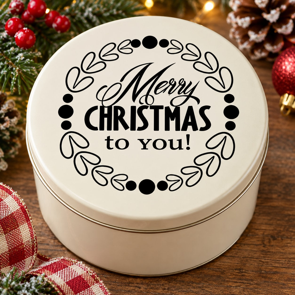 Christmas wreath decal with “Merry Christmas to You!” text on a round cream surface