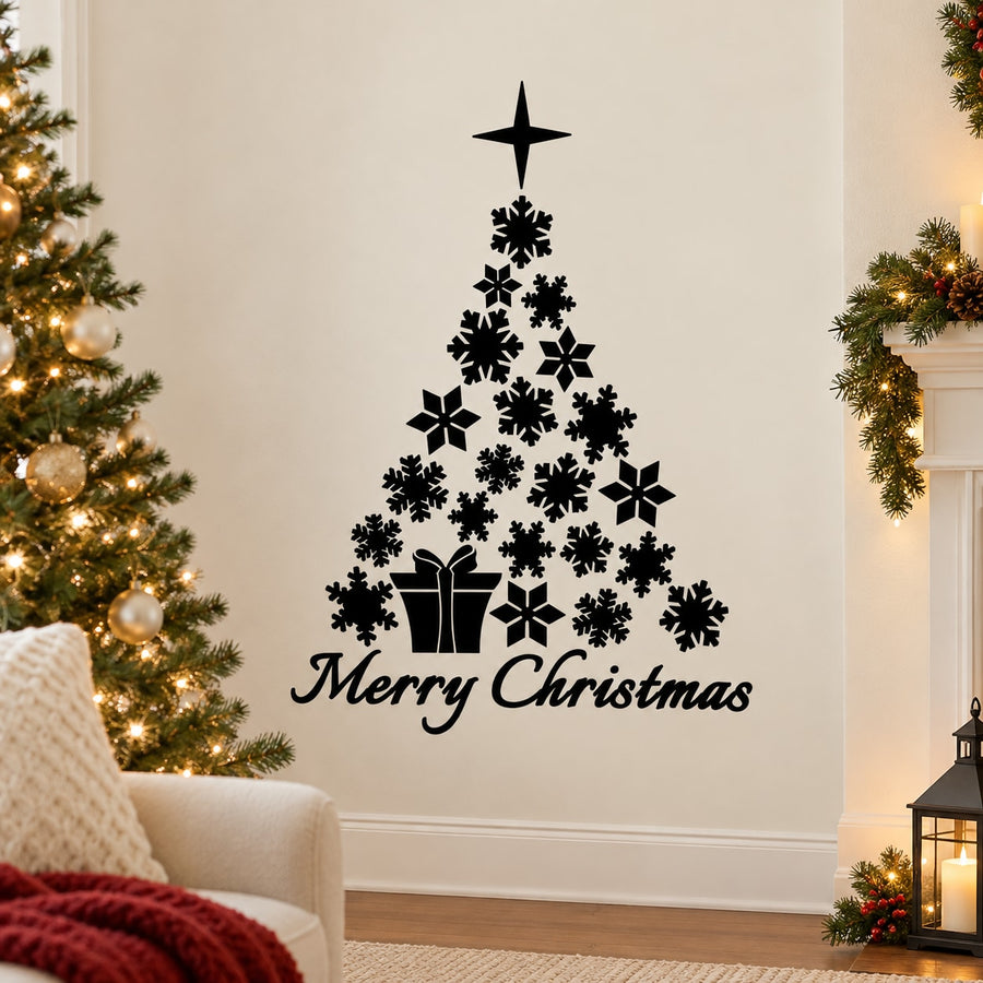 Merry Christmas snowflake tree wall decal with star topper, gift icons, and script text