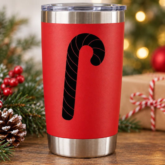 Red tumbler with black candy cane decal on front
