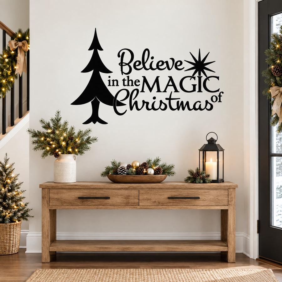 Christmas quote wall decal with tree graphics and “Believe in the Magic of Christmas”