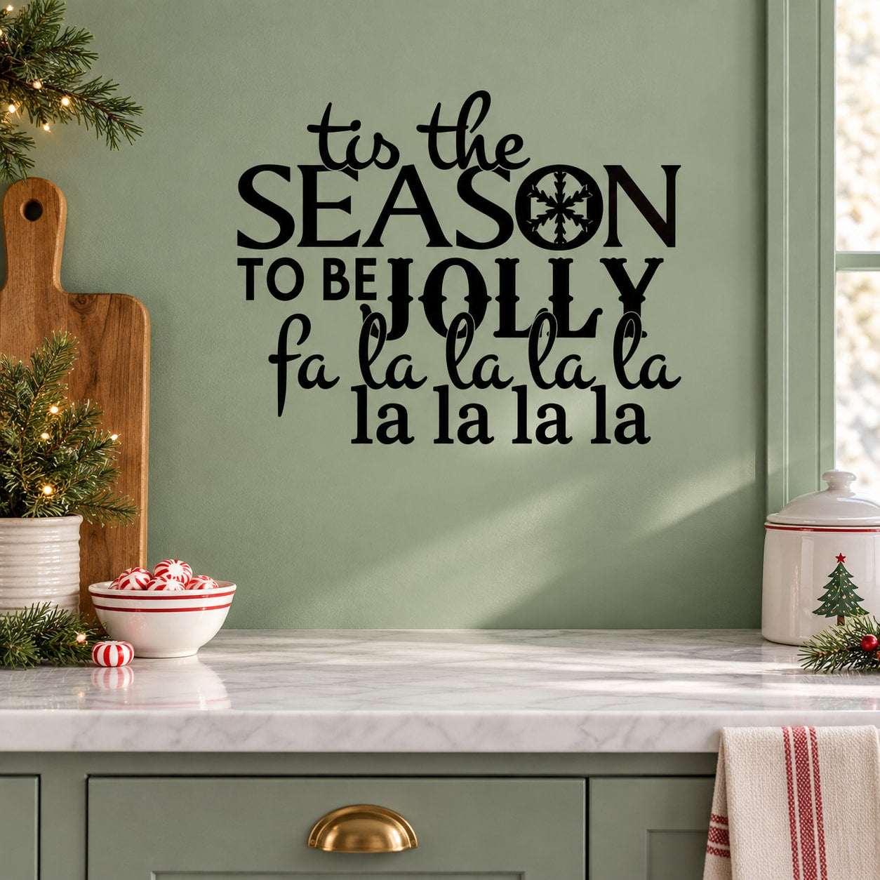 Black holiday quote wall decal: 'To the SEASON to be JOY' with 'fa la la' text