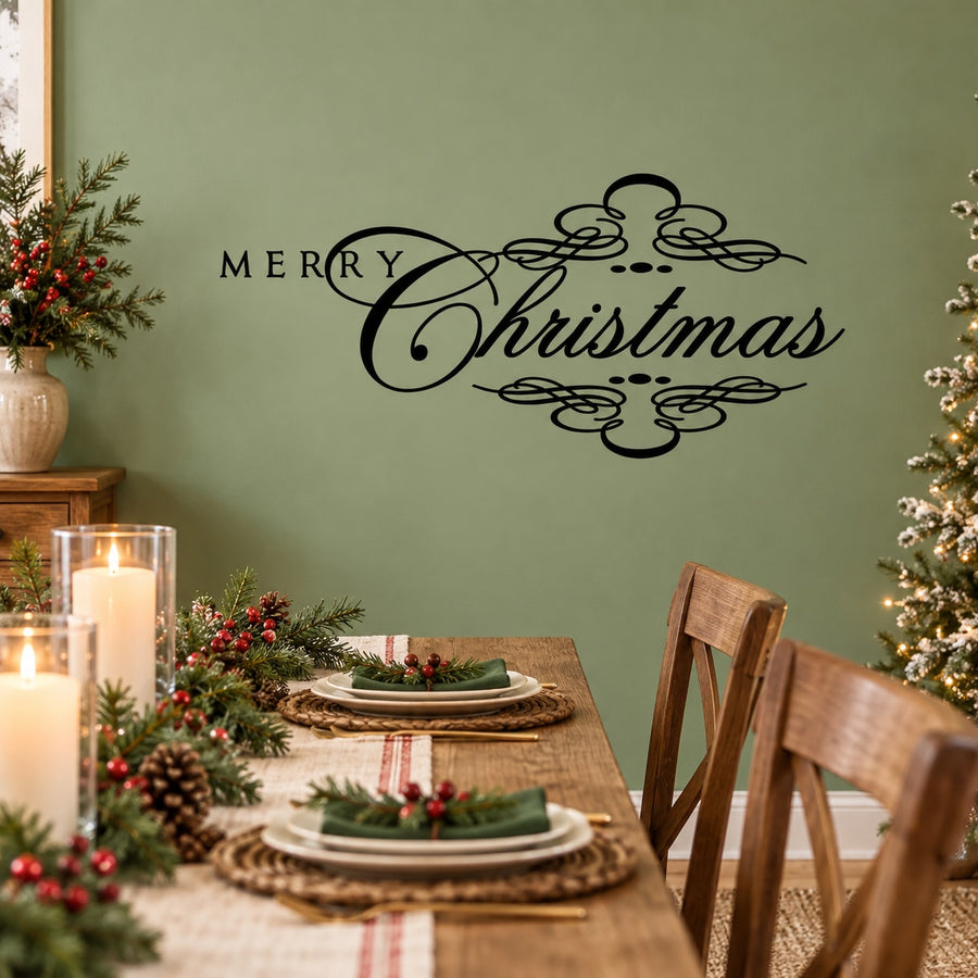 Black 'Merry Christmas' quote wall decal with decorative flourishes