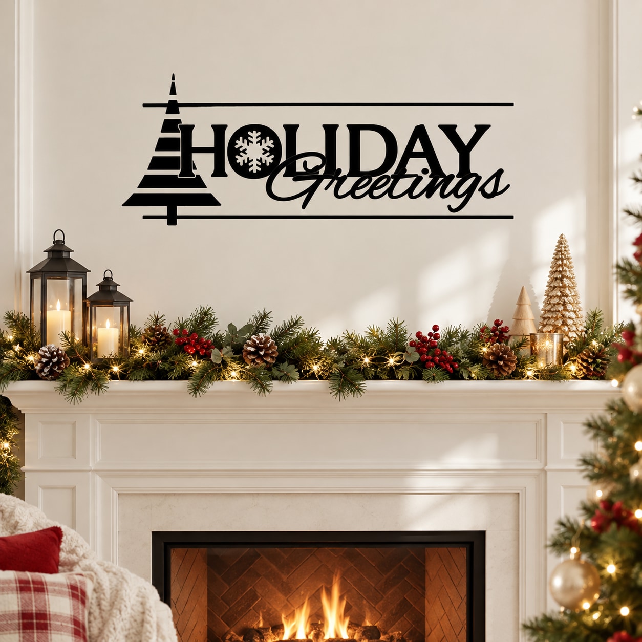 Holiday Greetings tree quote wall decal with holiday message and snowflake design