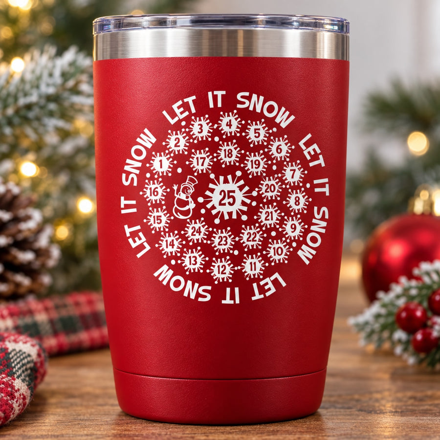Red insulated travel tumbler with circular 'Let It Snow' countdown decal