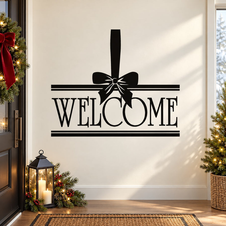 Welcome wall decal with black ribbon bow and WELCOME lettering